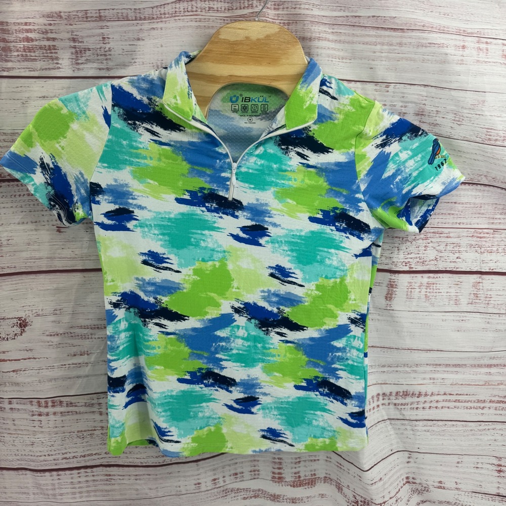 IBKUL Shirt Womens Medium Short Sleeve 1/4 Zip Abstract UPF 50+ Golf Tennis Sun